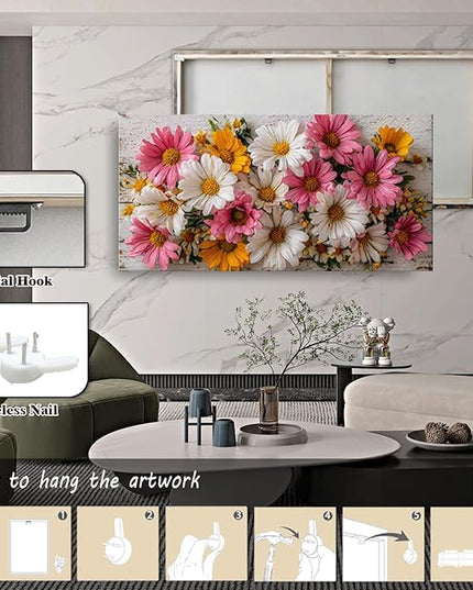 KZKU Rustic Daisy Canvas Wall Art-Large Floral Print on Weathered Blue Wood Background- Modern Farmhouse Decor for Living Room Bedroom20X40in