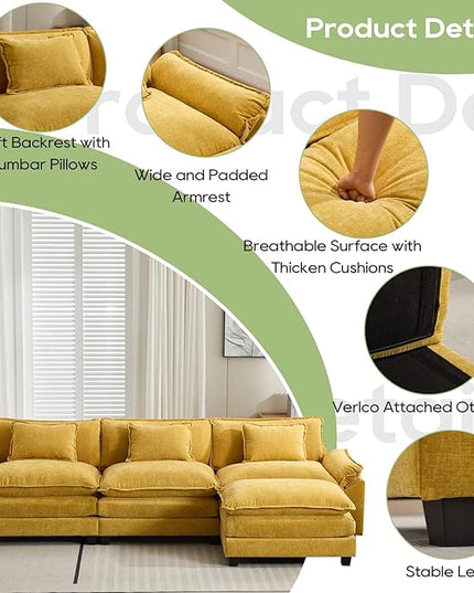 120" Modular Sectional Sofa, Comfy Cloud Couch Sectional Sofa with Ottoman, Chenille Sofa Sleeper Deep Seat Sofa with Throw Pillows for Living Room (Yellow, 120"- L Shape)