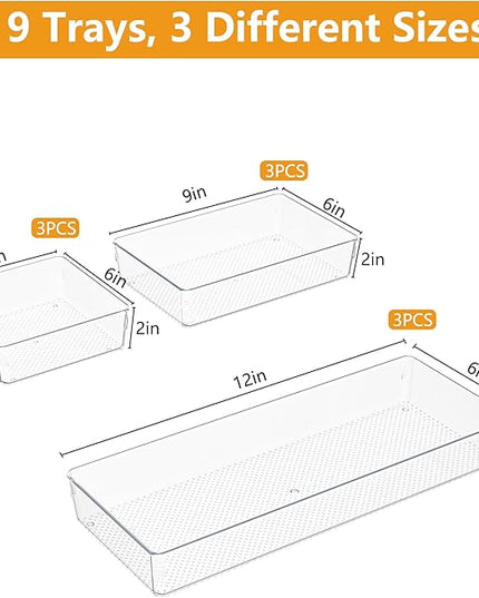 Clear Plastic Drawer Organizer Set for Kitchen, Bathroom, Office, Cosmetics & Tools - Multifunctional Storage Trays with Adjustable Dividers, Space-Saving Transparent Design (Clear, 9 Pcs)