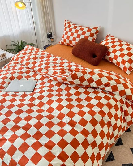 CLOTHKNOW Rust Beige Plaid Full Size Comforter Sets 3Pcs Grid Bedding Comforter Sets Terracotta Checker Comforter with 2 x Pillow Cases