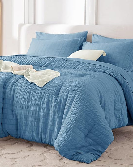 MUXHOMO 7 Pieces Full Comforter Set, Seersucker Bed in a Bag Full Size, All Season Luxury Bedding Set with Comforter, Flat Sheet, Fitted Sheet, Pillowcases & Shams, Mineral Blue