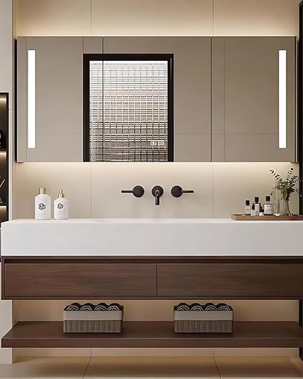48IN Bathroom Vanity with Sink - Luxury Bathroom Cabinet | Intelligent Mirror Cabinet Including LED Light Strip & Defogging Mirror Cabinet, Large Storage Space, 2 Drawers (Brown)