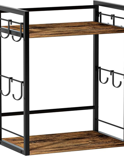 Dorhors 2 Tier Coffee Bar Accessories and Organizer,Multi-functional Mug Holder with 12 Hooks,Wood Coffee Station Organizer,Kitchen Countertop Shelf (Rustic Brown)