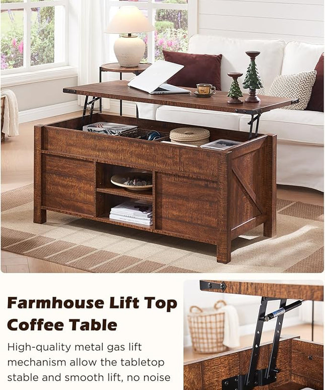 OKD 48" Farmhouse Lift Top Coffee Table with Sliding Barn Door,Rustic Center Table with Hidden Storage Compartment,Lifting Tabletop and Adjustable Shelf for Living Room,Office,Reclaimed Barnwood