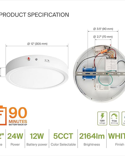 ASD LED 12" Round Flush Mount Ceiling Light Fixture, Low Profile Surface Lighting | 5CCT, Dimmable, Battery Backup, ETL Listed | 24W 2100LM 2700-6000K 120V | Kitchen, Hallway Lamp | White, 12 Pack