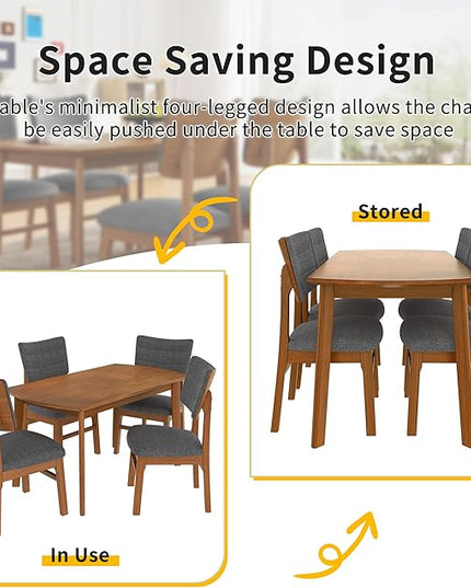 5-Piece Wooden Dining Set Mid-Century Modern Dinner Table and 4 Upholstered Chairs Rectangular Table with Chairs Set Rubberwood Legs Linen Padded Seat & Backrest for Dining Room Kitchen Apartment