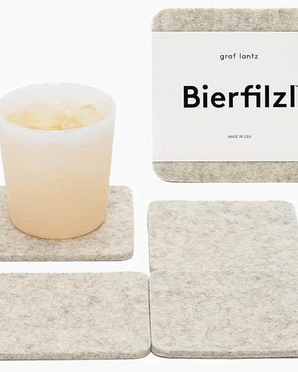 Graf Lantz - Bierfilzl Merino Wool Square Coasters Set of 4, Heather White (4"x4"x5mm), Absorbs 30% Weight, Natural German Wool - Heat Resistant, Sustainable, Reusable - Home Decor, Coffee Table Decor
