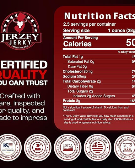 Jerzey Jerky Straight Whiskey Brisket Jerky 2.5oz – High Protein, Gluten Free and Healthy Beef Snacks with Rich, Authentic Flavor