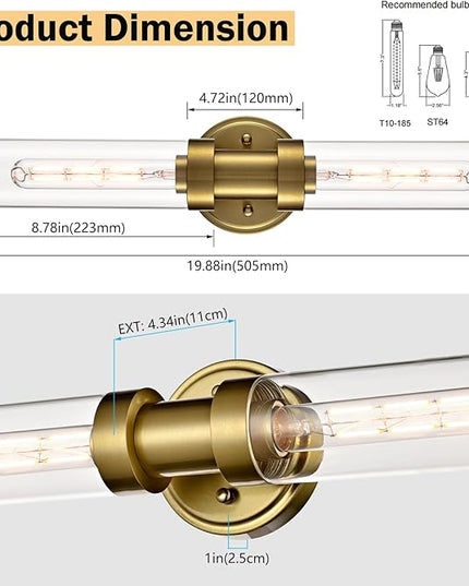 Modern Gold Wall Sconce with Clear Glass Shade 2-Light Bathroom Vanity Lights 20-Inch Brass Glass Wall Light Fixtures for Hallway Staircase Living Room
