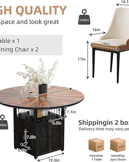 47" Round Dining Table Set for 4-6 People, Large Farmhouse Kitchen Dining Table Set with Chairs and Storage Rack, Metal Base Round Table for Home Dining Room Living Room (Cat table and 2 brown chairs)