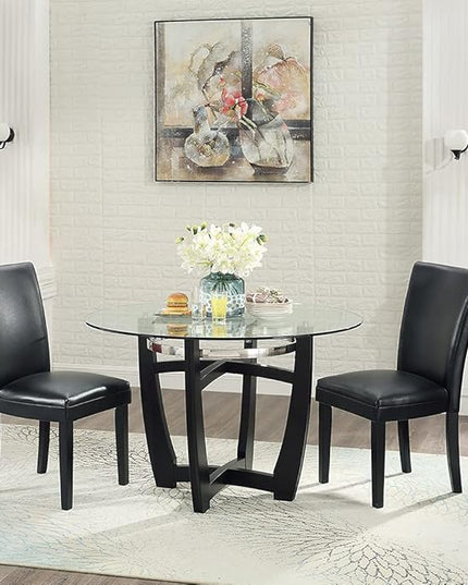 PADMA HOUSE Round Glass Dining Table Set for 6, 45in Modern Kitchen Small Wood Dinner Table with 6 Parsons Leather Dining Chairs 7 Piece Dining Room Table Chair Set, Clear&Black
