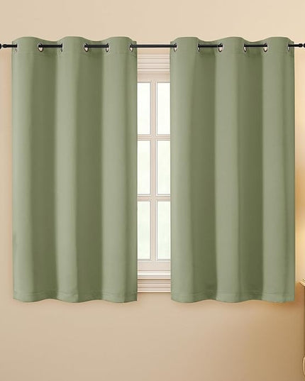 Simplebrand Sage Green Room Darkening Curtains for Bedroom 45 Inches Long 2 Panels Set, Sunlight Blocking Curtains for Small Windows, Grommet Energy Saving Thermal Insulated Short Drapes, 40Wx45L