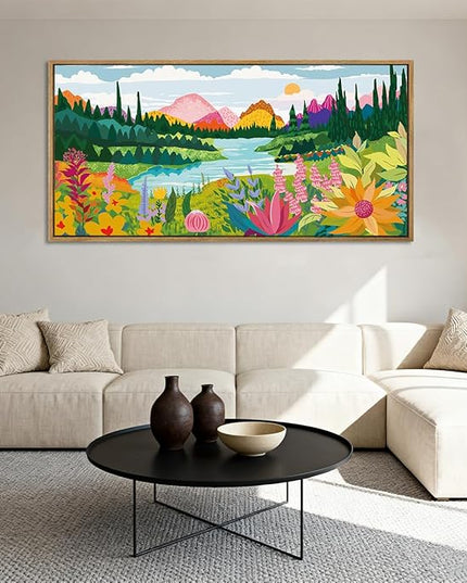 ANHUIB Large Colorful Wall Art 20x40 Inch Framed Abstract Floral Wall Decor Forest Woodland Painting Muticolor Mountain Range Illustration for Living Room Dining Room Bedroom