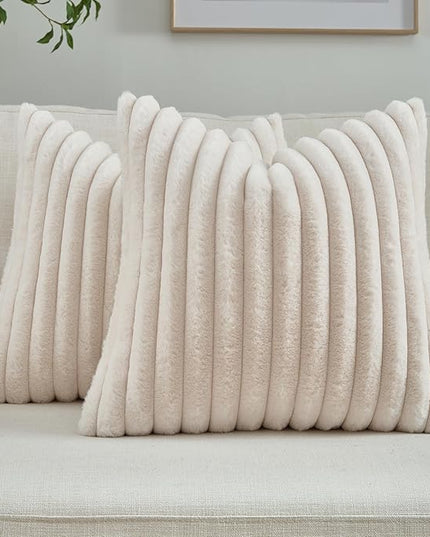 FUTEI Light Beige Throw Pillow Covers Set of 2, 28x28 Inch Striped Texture Euro Pillow Shams with Soft Faux Rabbit Fur Front & Velvet Back, Modern Decorative Couch Pillows for Living Room