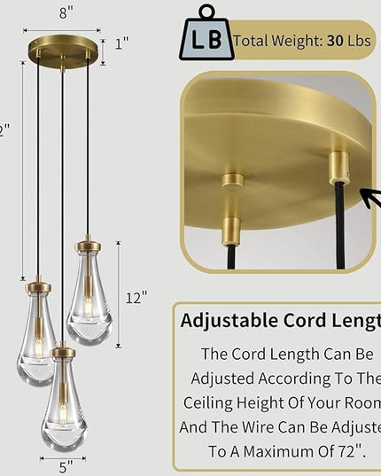 Brass 3 Light Pendant Lighting for Kitchen Island, Raindrop Cluster Pendant Light Fixture, Adjustable Hanging Rope Glass Chandelier Dining Room Light Fixture Ceiling Lamp for Foyer Hallway
