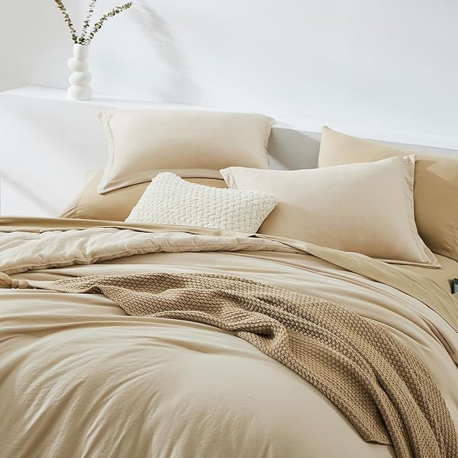 WRENSONGE Full Size Comforter Set- 7 Pieces Soft Beige Bed in a Bag Full with Fitted Sheet, Flat Sheet, 2 Pillow Shams, 2 Pillowcases, Warm Bedding Sets for All Season