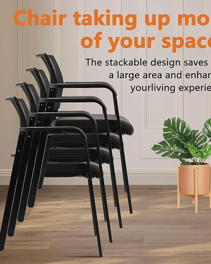 CLATINA Stackable Office Chair, Mesh Back Guest Chairs with Comfortable Leather Seat Arms Stacking Ergonomic Desk Chair No Wheels for Conference Waiting Reception School Stationary, Black, Set of 8
