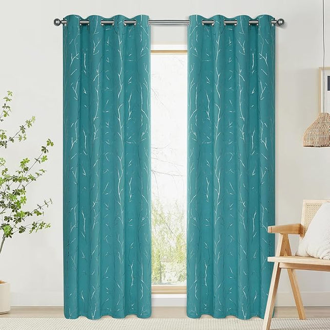 BUHUA White Black Out Curtains 63 Inch Long 2 Panels, Soundproof Curtains with Elegant Silver Tree Branches Print, Heat Blocking Curtains for Livingroom, 52W x 63L, Teal Blue