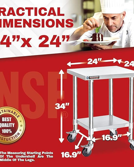 DuraSteel 24x24 NSF Stainless Steel Cart Work Table - Heavy Duty Rolling Food Prep Table - Metal Utility Cart on Wheels Caster, Grill Stand Microwave Outdoor Kitchen Tables Countertop Island Large Top