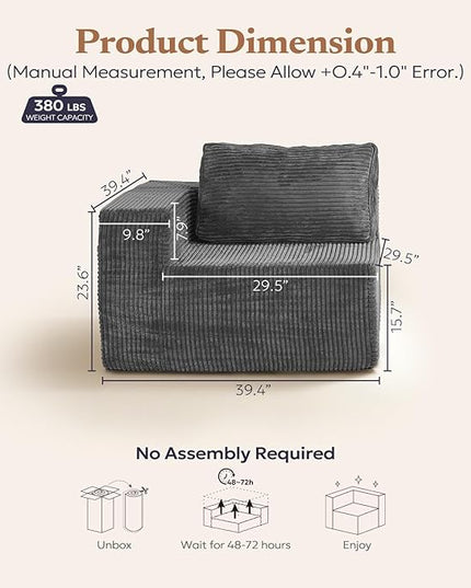 40" Modular Sectional Sofa, Upholstered Floor Sofa Couch with Pillow, Bean Bag Chair for Bedroom Living Room, No Assembly Required (Plush Corduroy Fabric, Grey)