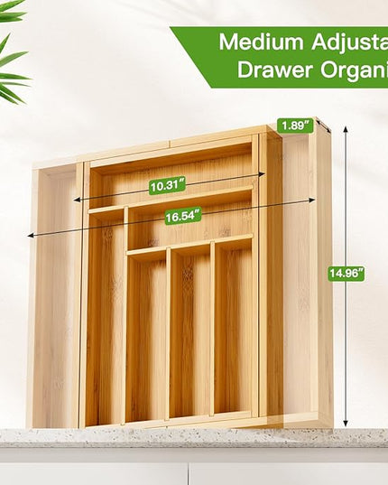 Pipishell Bamboo Expandable Drawer Organizer for Utensils Holder, Adjustable Cutlery Tray, Wood Drawer Dividers Organizer for Silverware, Flatware, Knives in Kitchen, Bedroom, Living Room(M-N)