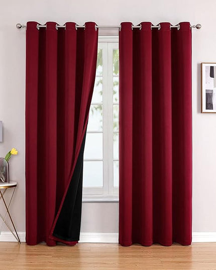 ChrisDowa 100% Blackout Curtains 108 inch Long for Bedroom with Black Liner, 2 Thick Layers Total Blackout Thermal Insulated Grommet Window Curtains 2 Panels Set (Burgundy, 52 x 108 Inch)