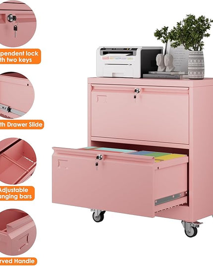 METAN Upgrade 2 Drawers Lateral File Cabinet on Wheels,Steel Office Filing Storage Cabinet with 2 Locks,Assembly Required,Pink