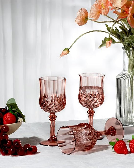 XUWAIDSGN 16 Pcs 7oz Plastic Vintage Wine Glasses Drinking Glasses Unbreakable Wedding Glassware Crystal Water Goblets Reusable Drinkware Vintage Champagne Flutes (16, Rose Gold)