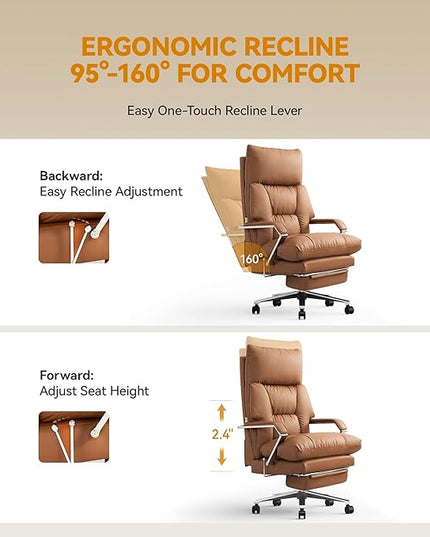 Reclining Office Chair with Footrest - 25.6" Wide Seat & Adjustable Seat Depth, Big and Tall High Back Leather Executive Home Office Desk Chair 400lbs, Brown
