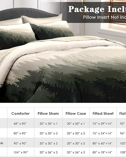 Comforter Set King Size, Mountain Pine Tree 7 Pcs Bedding for Kids and Adults, Natural Forest Landscape Bed Sheet Sets with Fitted Sheet 2 Pillowcases & 2 Shams