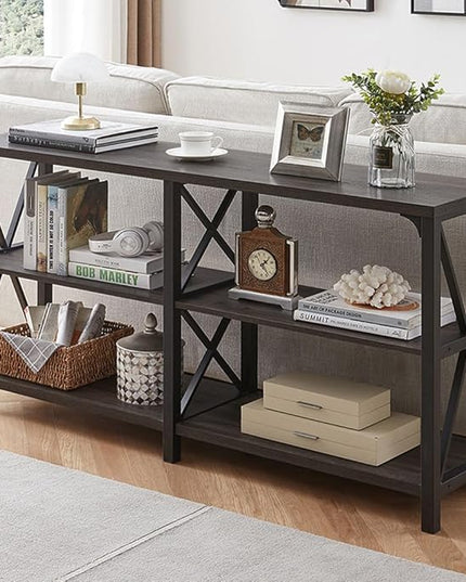 LVB Rustic Console Table, Industrial Modern Sofa Table Behind Couch, Long Metal Wood Entryway Table with Storage Shelf, Farmhouse Foyer Hallway Table for Home Living Room Bedroom, Dark Gray Oak, 63 in