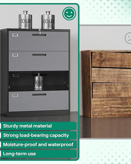 Letaya 4 Drawer Lateral Metal Filing Cabinet with Lock-File Cabines-Organization Storage Cabinets for Home Office-Hanging Letter/Legal/F4/A4 Size (4 Drawer-Grey Black)