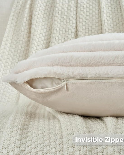 FUTEI Light Beige Throw Pillow Covers Set of 2, 16x16 Inch Striped Texture Cushion Cases with Soft Faux Rabbit Fur Front & Velvet Back, Modern Decorative Couch Pillows for Living Room
