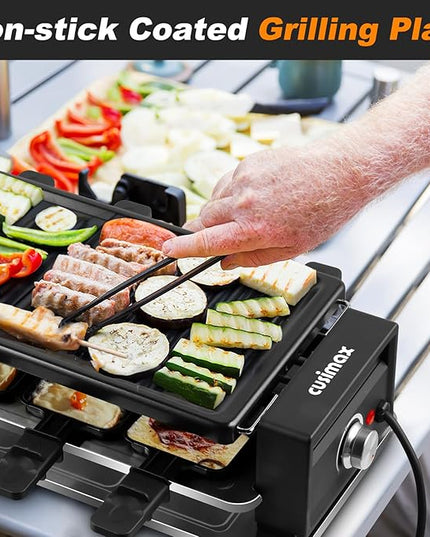 CUSIMAX Raclette Grill Korean BBQ Grill, Portable Raclette Table Grill Electric Grill with Non-stick Plate, Adjustable Temperature Control, Indoor Grill with Cool Touch Handles, 8 Cheese Trays for Fun