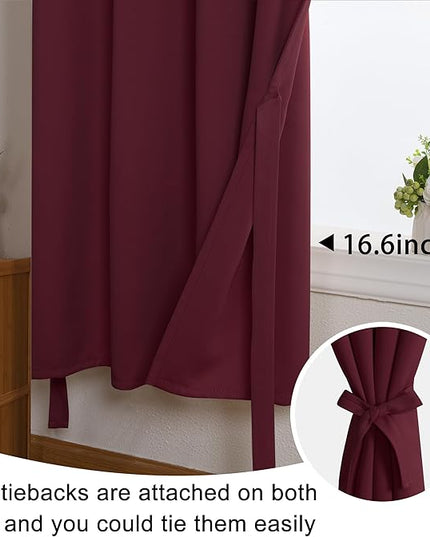 JIUZHEN Short Curtains Kitchen Half Window Blackout Curtains with Tiebacks for Baseroom Shadows, Grommet Curtains for Living Room, Set of 2 Window Curtain Panels, 42 x 30 Inch Length，Burgundy