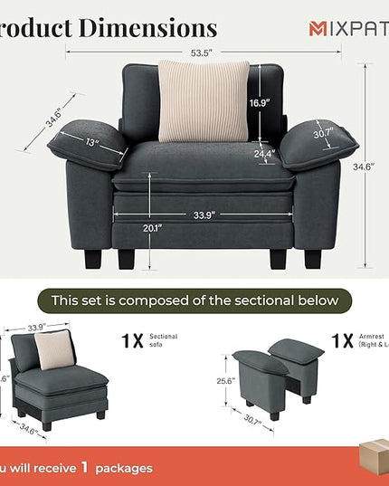 53.5" Cloud Modular Sectional Single Sofa, Deep Seat Armchair with Plush Chenille & Removable Arms for Living Room, Cyan