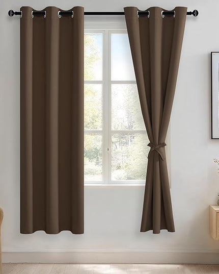 JIUZHEN Brown Blackout Curtains with Tiebacks - Thermal Insulated, Light Blocking and Noise Reducing Grommet Curtains for Bedroom and Living Room, Set of 2 Window Curtain Panels, 42 x 72 Inch Length