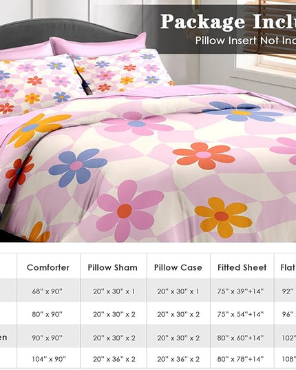 Comforter Set King Size, Retro Daisy Pink 7 Pcs Bedding for Kids and Adults, Hippie Aesthetic Kids Bed Sheet Sets with Fitted Sheet 2 Pillowcases & 2 Shams for Bedroom Bed Decor