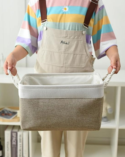 TheWarmHome Storage Basket for Organizing- 15.7x11.8x8.2 inch 1 Pack Fabric Storage Cubes for Shelves Organizer Book Gift Laundry Box Cloth Toy (Whiet & Khaki)