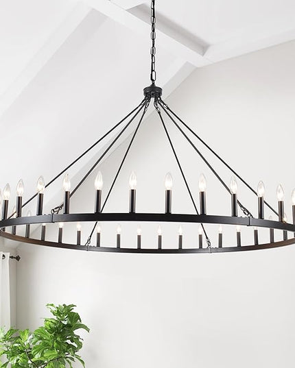 Black Extra Large Wagon Wheel Chandelier, 60 inch 36 Lights Farmhouse Chandelier, Industrial Candle Round Pendant Light Fixture for High Ceiling Living Room Dining Room Outdoor Porch Entryway Hallway