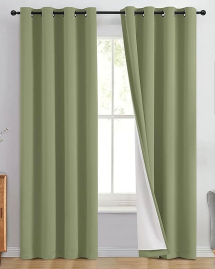 Yakamok 100% Blackout Curtain Panels 96 inches Cold and Light Blocking Drapes for Nursery, 2 Thick Layers Thermal Insulated Draperies (2 Pieces, 50 Wide Each Panel, Sage Front with White Backing)