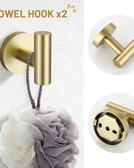 TURS Brushed Gold 5 Piece Bathroom Hardware Set, SUS304 Stainless Steel Bath Towel Bar Set, 23.6 Inch Round Bathroom Accessories Kit Wall Mounted