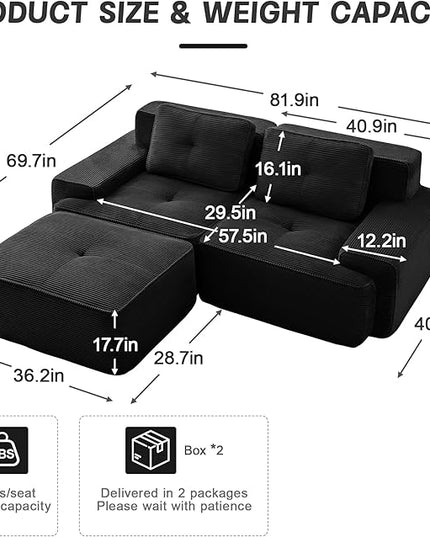 82" Convertible Modular Couches, Deep Seat L Shaped Sofas for Living Room, Modern 2 Seater Love Seat Sofa with 1 Ottoman for Small Space, Comfy Cloud Sectional Sofa Set, Corduroy Fabric Black