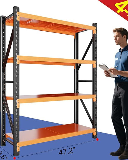 79" H Garage Shelving,3500LBS Heavy Duty Storage Rack,4 Tiers Metal Storage Rack Shelf, Adjustable Shelving Unit for Garage,Kitchen,Warehouse,Basement,78.7" H x 47.2" W x 19.6" D,Black&Orange