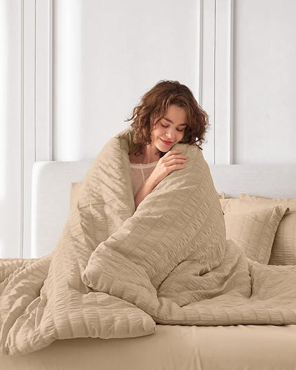 MUXHOMO 7 Pieces Full Comforter Set, Seersucker Bed in a Bag Full Size, All Season Luxury Bedding Set with Comforter, Flat Sheet, Fitted Sheet, Pillowcases & Shams, Khaki