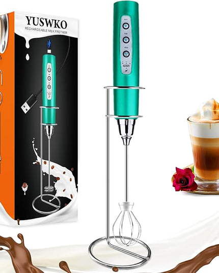 YUSWKO Handheld Milk Frother for Coffee, Rechargeable Drink Mixer with 3 Heads 3 Speeds Electric Coffee Frother For Latte, Cappuccino, Hot Chocolate, Egg