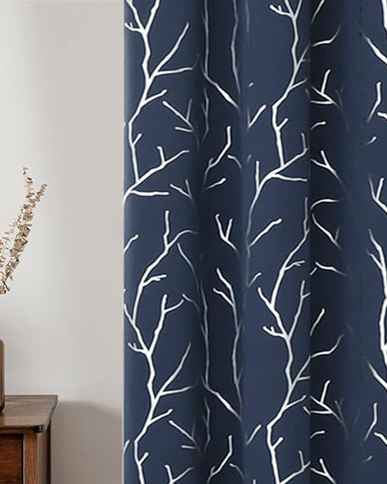 BUHUA Navy Blue Curtains, Bedroom Window Blackout Curtains 84 Inch Length, Thermal Insulated Curtains for Living Room Print Silver Tree Branches Drapes Window Treatment 2 Panels, 38Wx84L
