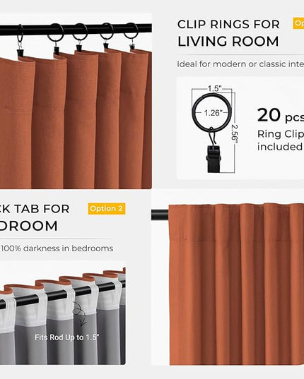 INOVADAY 100% Blackout Curtains for Bedroom, Black Out Curtains 120 Inch Long, Clip Rings Linen Blackout Drapes, Thermal Insulated Room Darkening for Living Room, 2 Panels - Orange,W50xL120