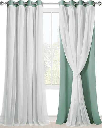 Hiasan Light Sage Green Blackout Curtains for Bedroom, Mix & Match Double Layer Thermal Insulated Privacy Grommet Window Curtains for Living Room,2 Drape Panels with Tiebacks,52W X 96L