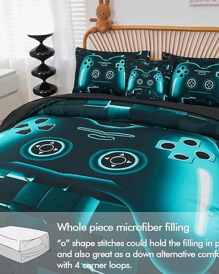 PERFEMET Gamer Bedding Set Twin Size 6-Piece Teal Blue Game Console Bed in A Bag for Boys Kids Teen 3D Black Gamepad Gaming Bedroom Collections(Teal, Twin)